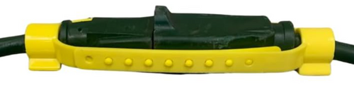 Extension cord safety connector cover in yellow and black, securing two cord connections